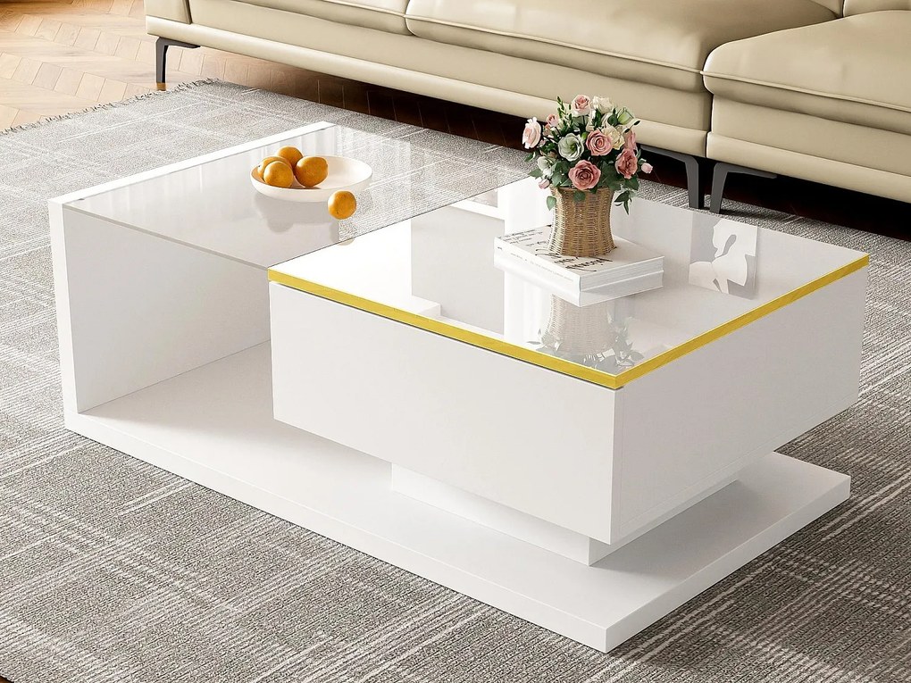 Nowoczesny stolik kawowy ze szkła z oświetleniem LED – płyta wiórowa – biały