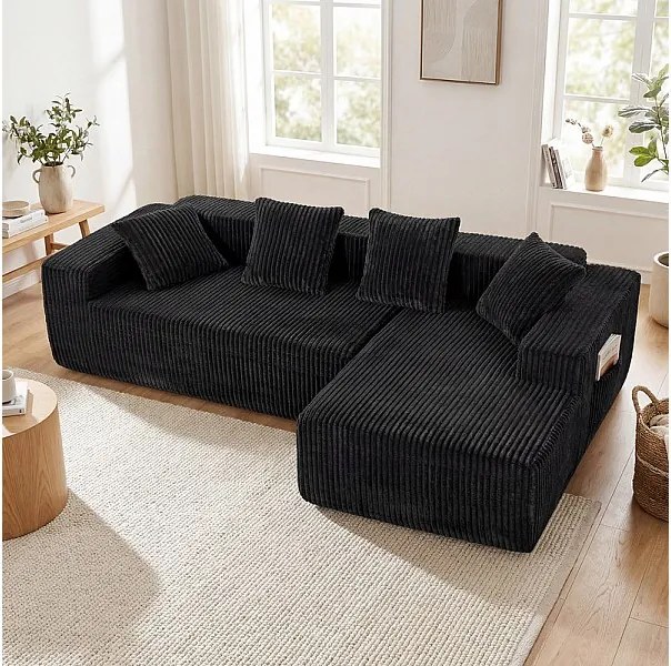 Modułowa Narożna Sofa Prawa 3-osobowa, w Welurze Żebrowanym czarnym, z 4 Poduszkami, leżanką i boczną kieszenią, 261x156x80cm