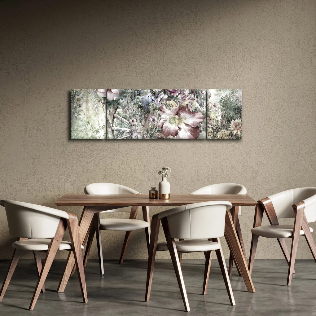 Obraz kwiatów na drewnianym kole (170x50 cm)