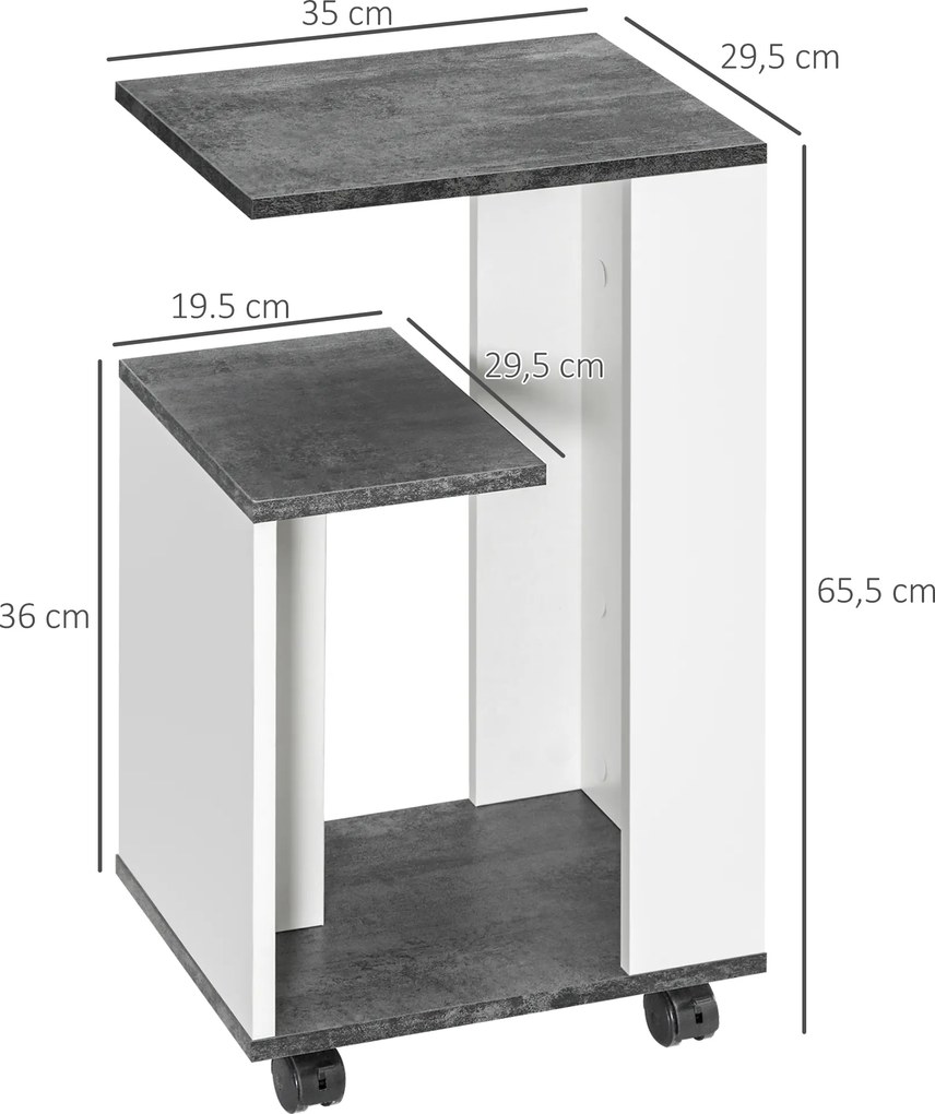 HOMCOM Stolik nocny, z 4 kółkami, 3 półkami, 35 x 29,5 x 65,5 cm, Szary/Biały