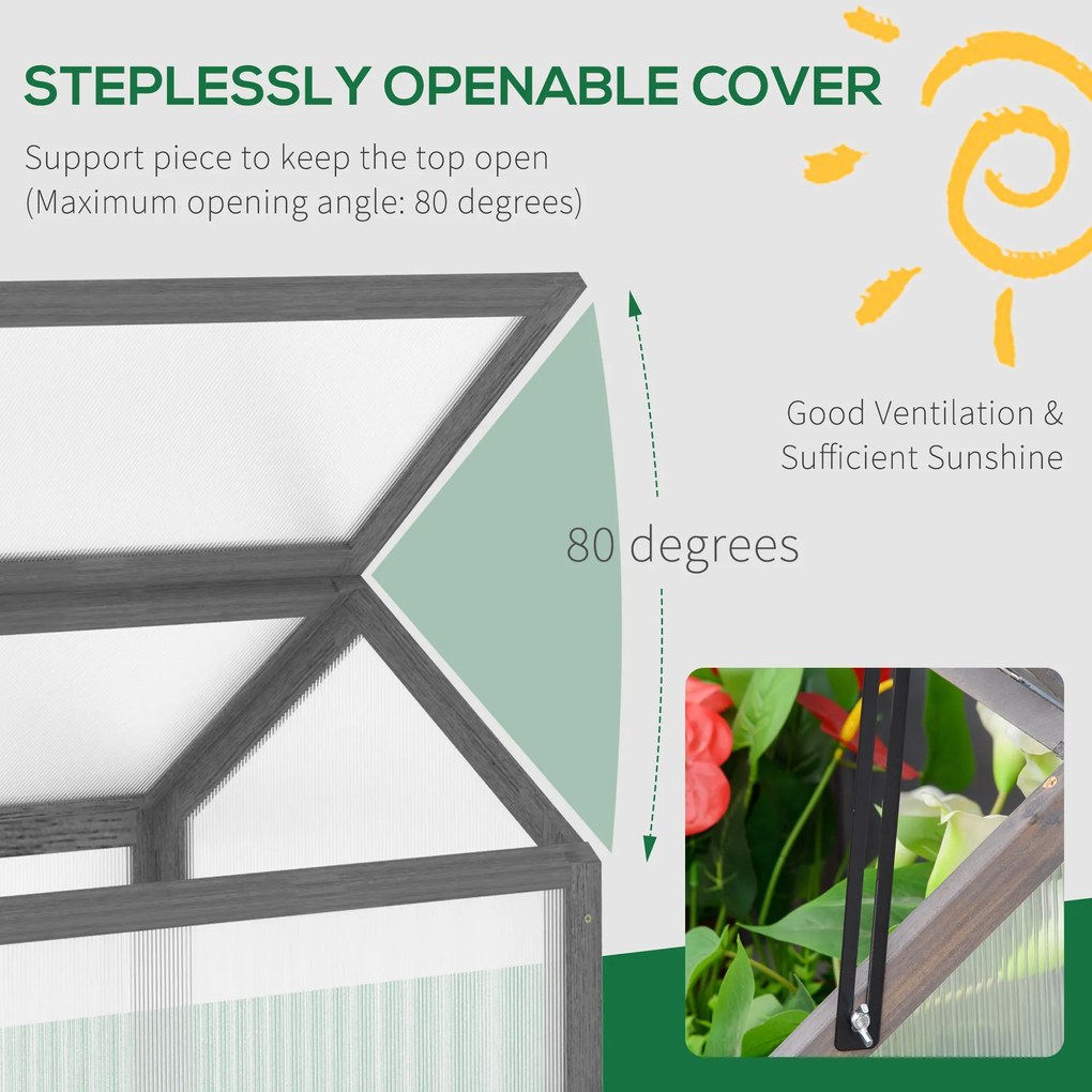 Outsunny Mini Szklarnia, Kompaktowy Domek dla Roślin z Drewna, Płyty Polikarbonatowe, Otwierany Dach, 90Dł x 52Szer x 49,5Wys cm, Szary