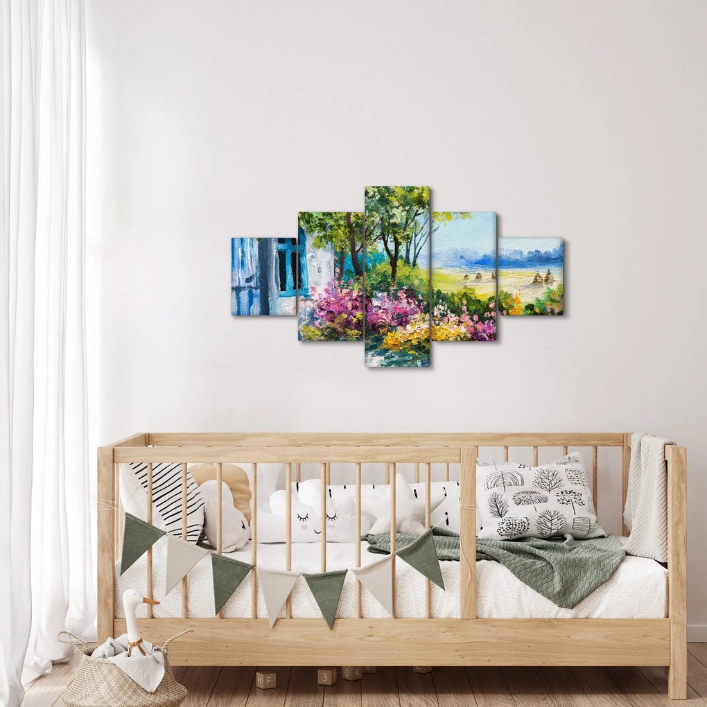 Obraz ogrodu przed domem, obraz olejny (125x70 cm)