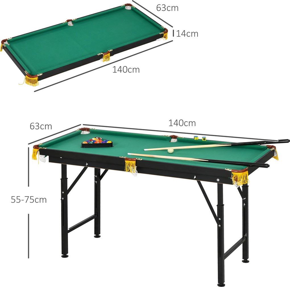 SPORTNOW Stół bilardowy, składany, regulowany wysokość, z trójkątem/2 kijami/16 kulami, Zielony
