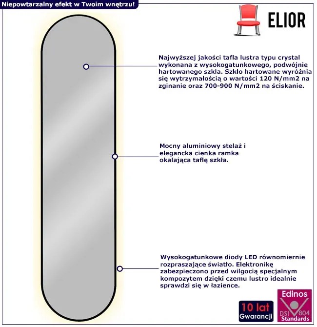 Czarne Industrialne Lustro Led 155X40 Cm F1-W73