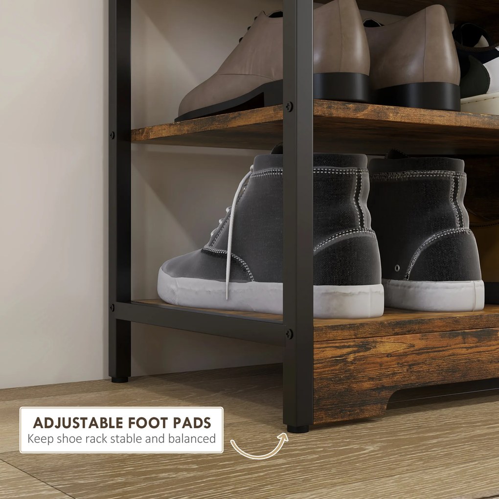HOMCOM Półka na Buty 8-Poziomowa, Otwarty Design, Rama Metalowa, Regulowane Nóżki, 70x30x65 cm, Brąz/Czarny