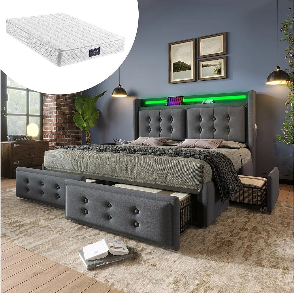 Łóżko tapicerowane z pojemnikiem na pościel - 160 x 200 cm - Materac + Leds + 4 szuflady + Zagłówek z USB - Tkanina bawełniana - Szary