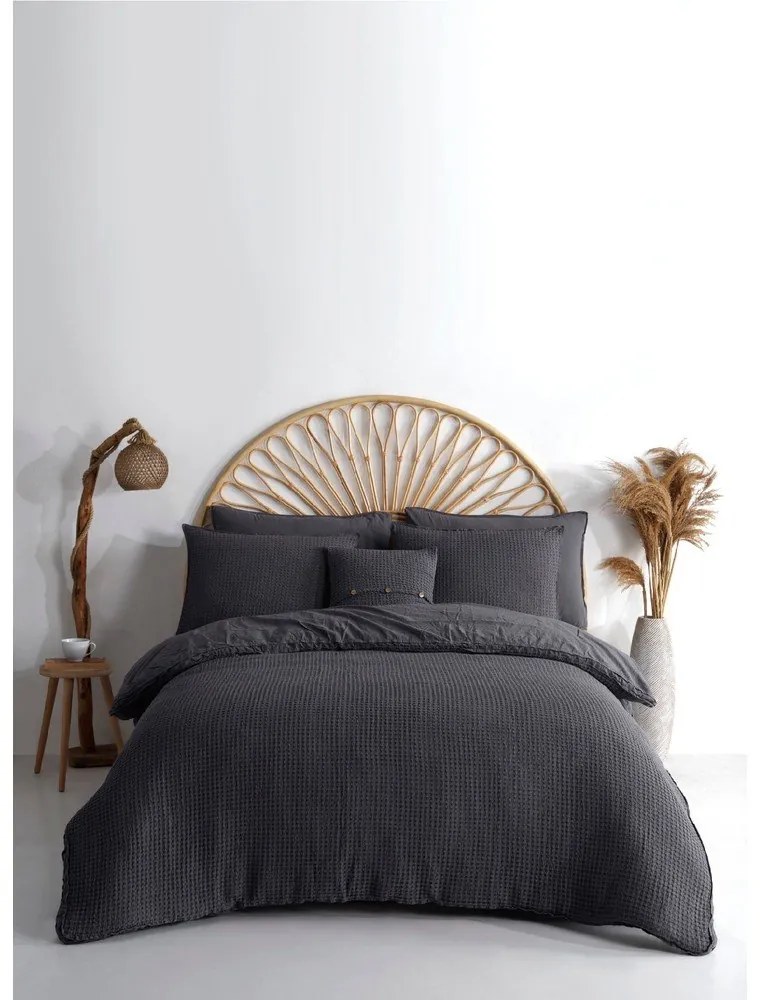 Antracytowa pościel jednoosobowa z bawełny renforcé 140x200 cm Waffle Striped – Mila Home Luxury