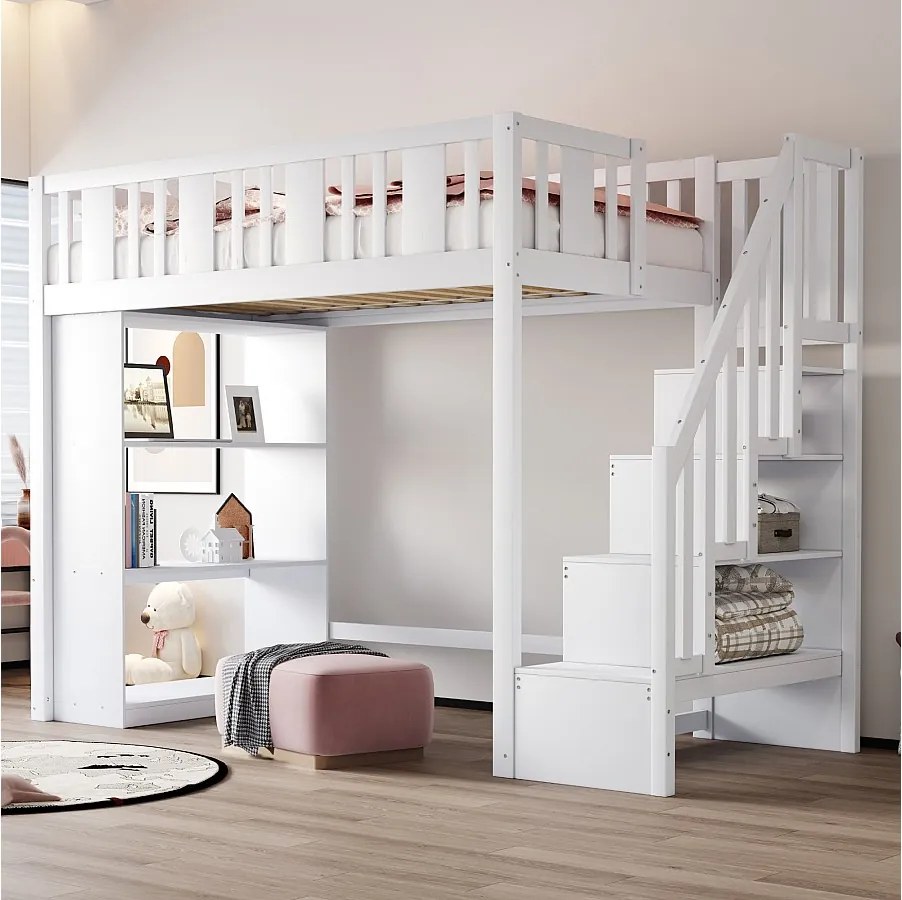 Łóżko piętrowe dla dzieci - 90 x 200 cm - ze schowkiem w schodach i półką - drewno + MDF - białe