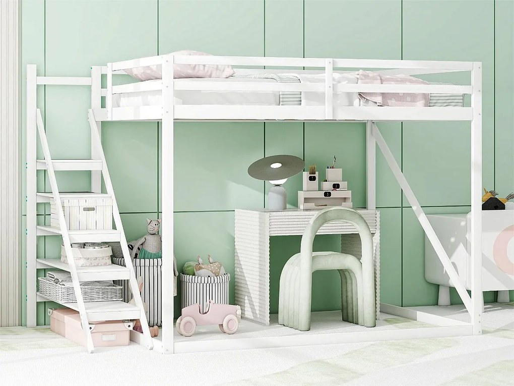 Łóżko piętrowe 140x200 cm z litego drewna sosnowego - z drabiną i schodami - Szare