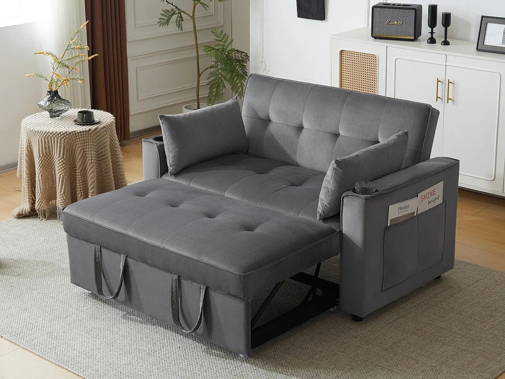 Rozkładana kanapa z regulowanym kątem - 2 miejsca - materiał aksamitny - z uchwytem na kubek i poduszkami - Szary
