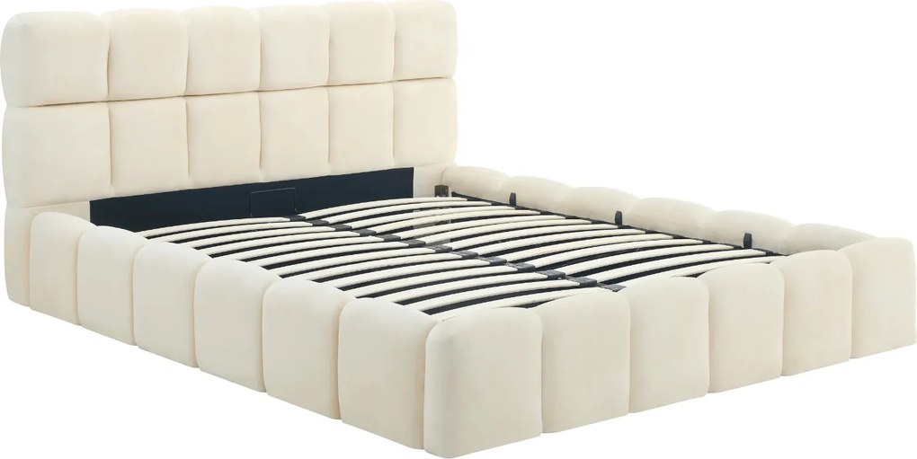 Łóżko Tapicerowane 160x200 cm MURCJA ze Stelażem i Pojemnikiem Dwuosobowe Welurowe Kremowe