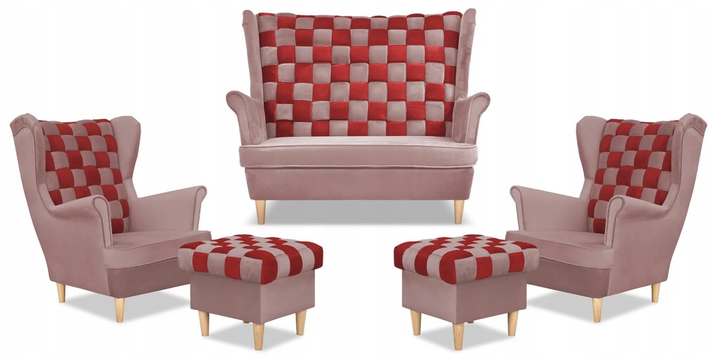 Zestaw uszak CAROL DUO sofa fotele pufy Family Meble różowo - czerwony