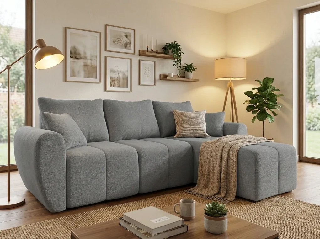 Rozkładana narożna sofa SEVIO 246x145 cm, szara, uniwersalna + 2 poduszki GRATIS