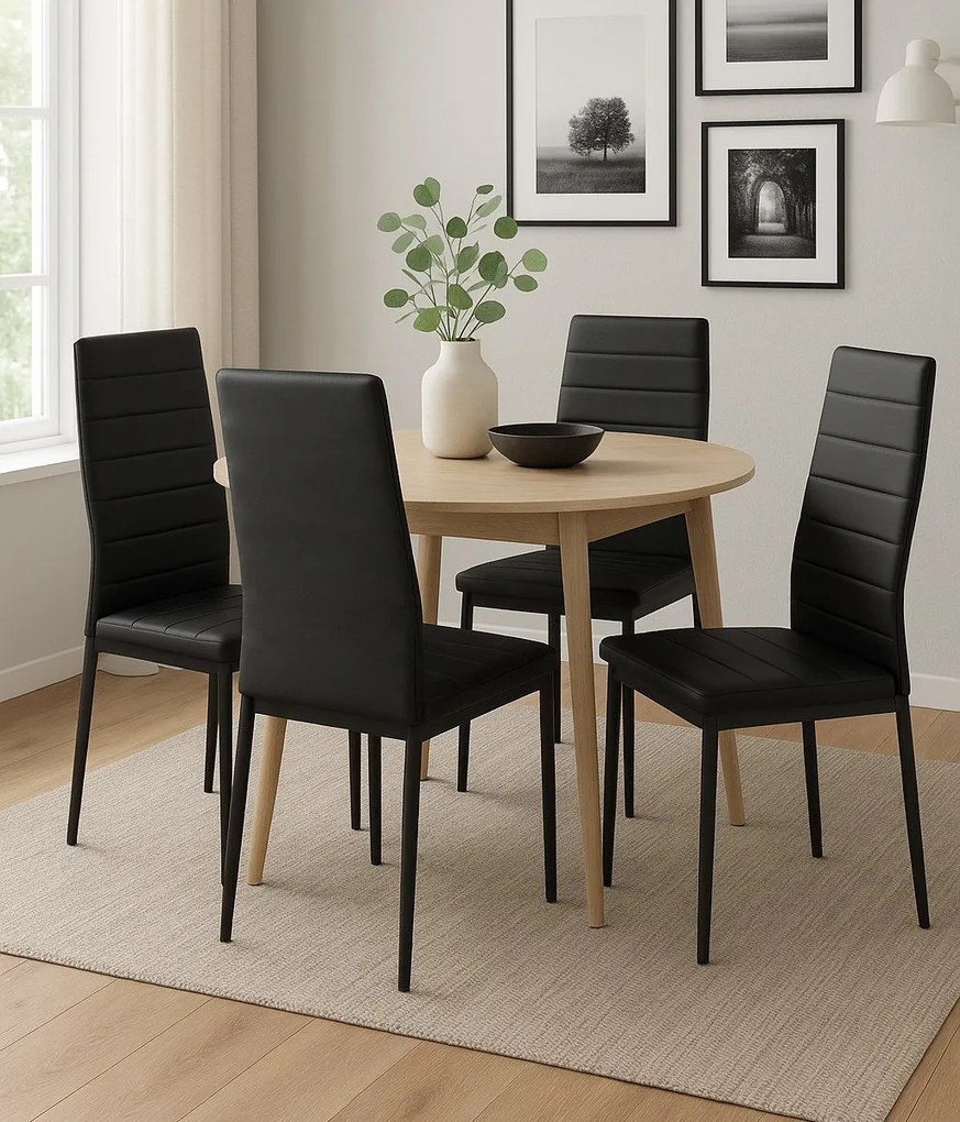 Zestaw 4 krzeseł Faro do jadalni z czarnej eko skóry – nowoczesne, metalowe nogi