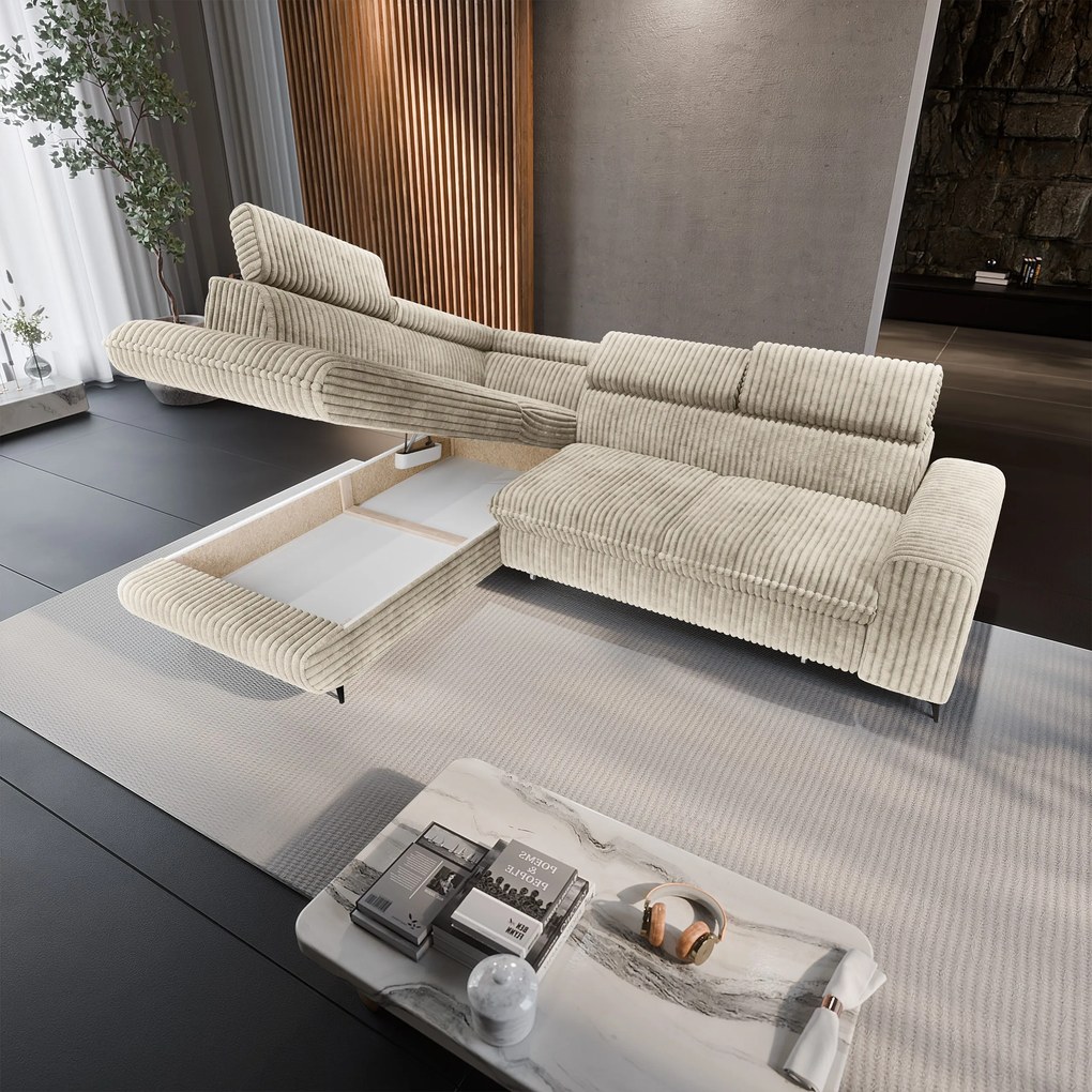 Masseno Narożnik VELISS z funkcją spania i pojemnikiem na pościel Rozkładana sofa do Salonu - Kremowy, TILIA 03