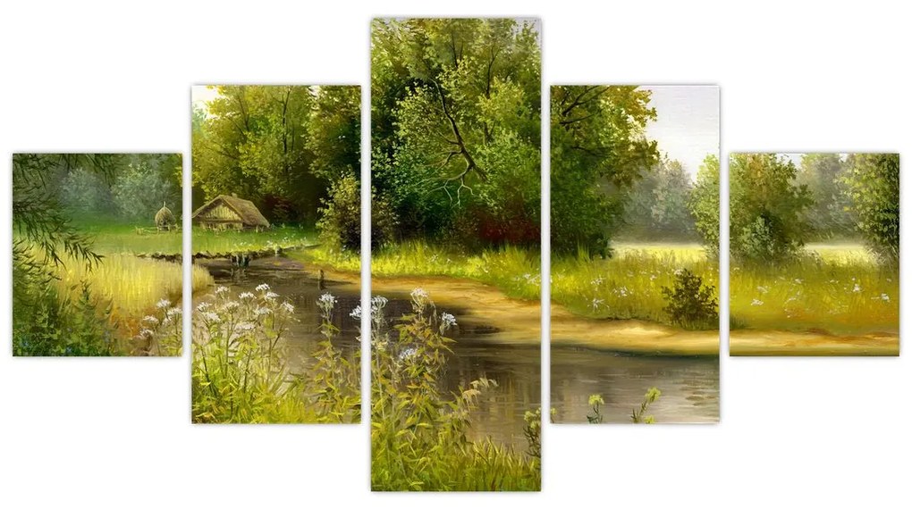 Obraz - Rzeka przy lesie, obraz olejny (125x70 cm)