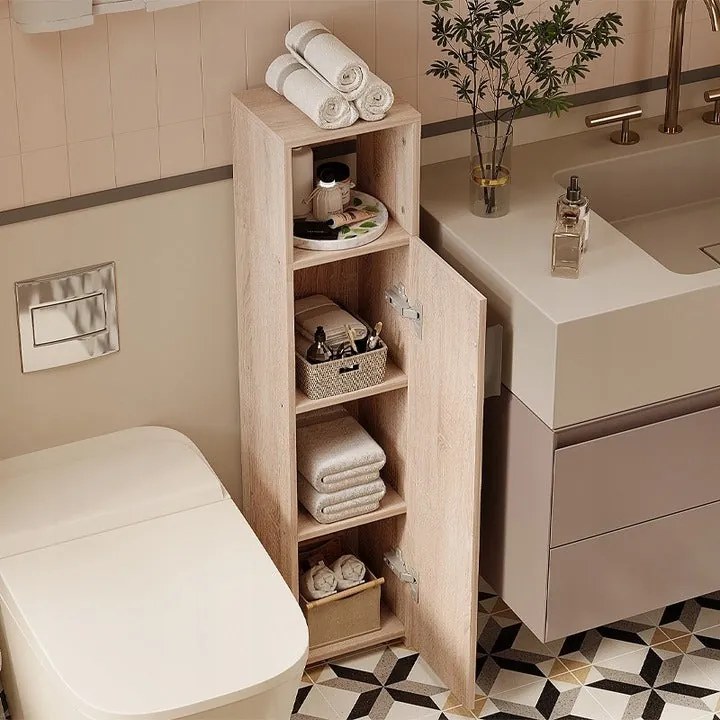 Szafka łazienkowa słupek wąski brązowa drzwi wysoki półki nowoczesna 101cm