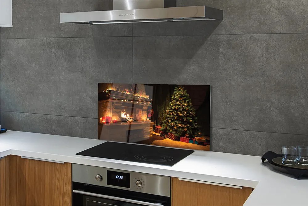 Szklany Panel Świąteczny Salon z Kominkiem