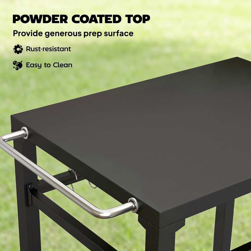 Outsunny Outdoorowy wózek grillowy, Stojak na piec do pizzy z metalową powierzchnią, 2-poziomowa mobilna stacja kuchennych z haczykami i uchwytami, Czarny | Aosom PL