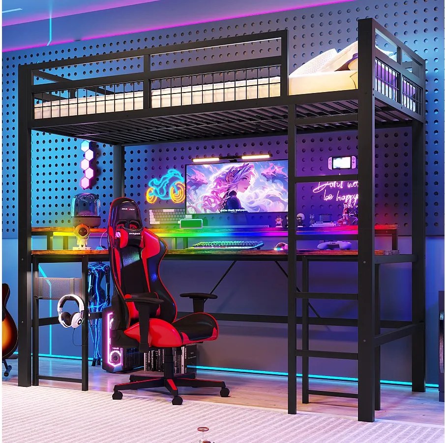 Łóżko piętrowe dla dzieci - 90 x 200 cm - rama żelazna - z diodami LED + biurko + port USB + gniazdko elektryczne - metalowe - czarne