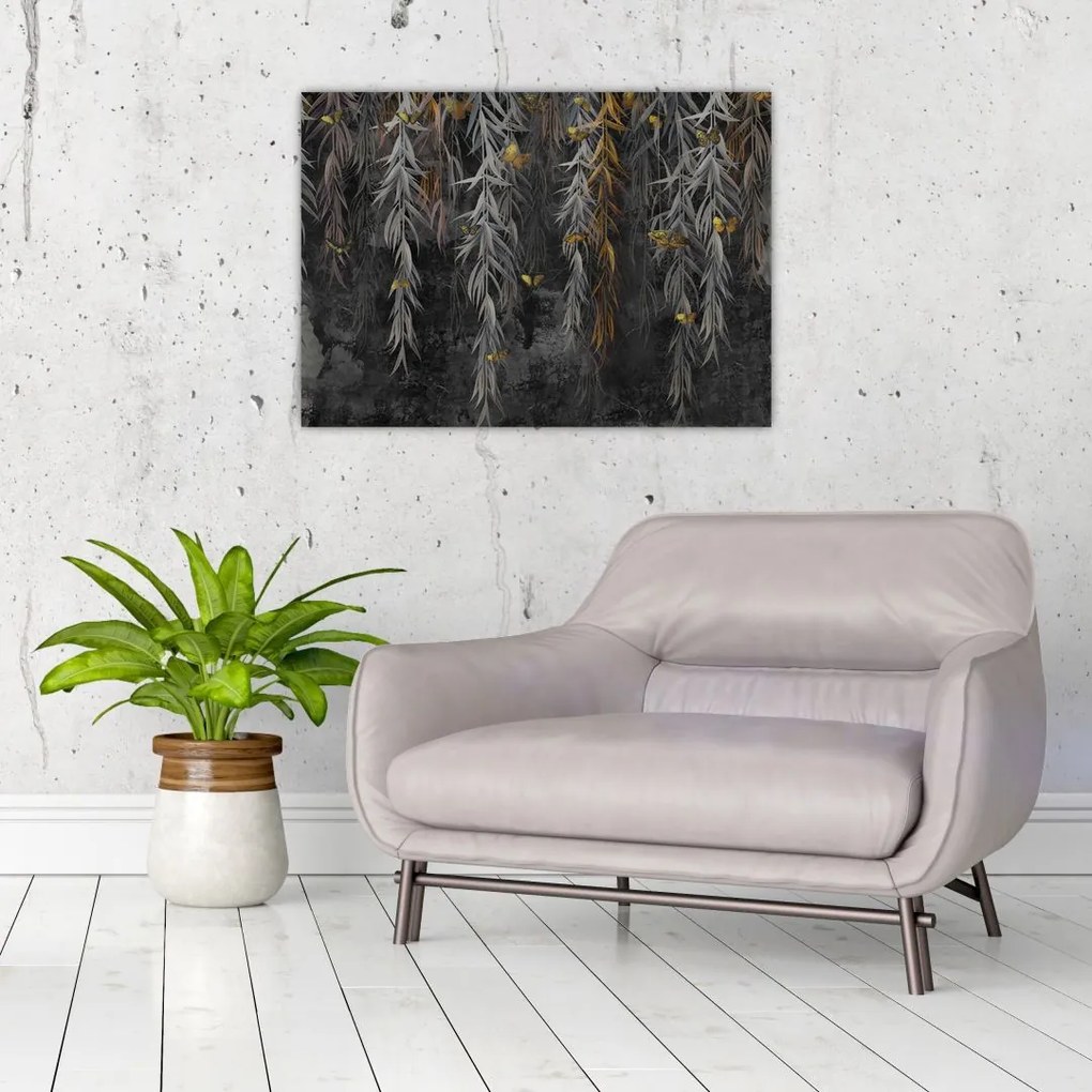 Obraz na szkle - Gałązki wierzby na czarnym tle (70x50 cm)
