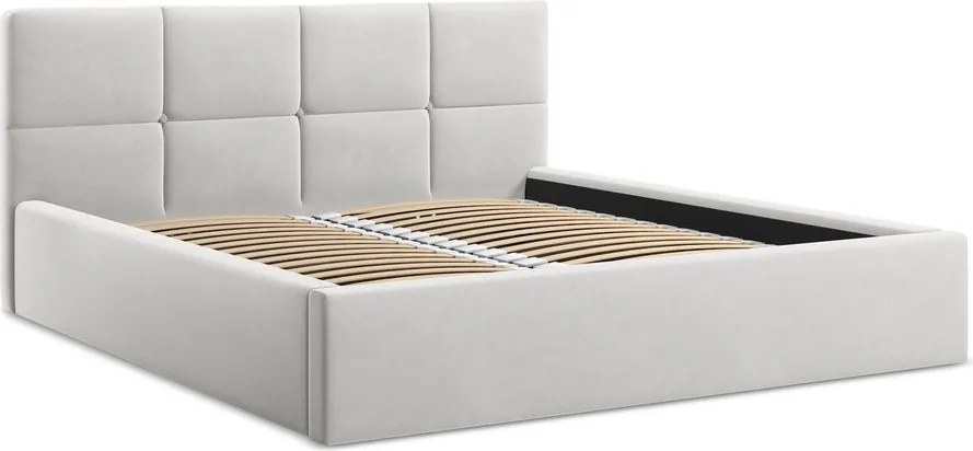 Jasnoszare aksamitne tapicerowane łóżko dwuosobowe ze schowkiem ze stelażem 140x200 cm Hiko – Makamii