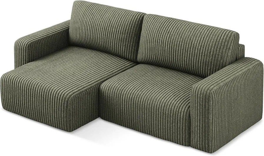 Zielony sztruksowy rozkładany narożnik ze schowkiem (lewostronny/z szezlongiem) Kona – Makamii