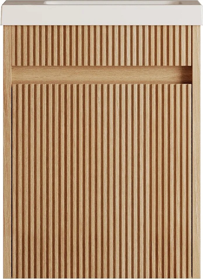 Wisząca szafka pod umywalkę z prążkowanego drewna jesionowego z umywalką z matowej białej żywicy - Naturalny jasny - 40 x 25,5 x 54 cm - DROVI