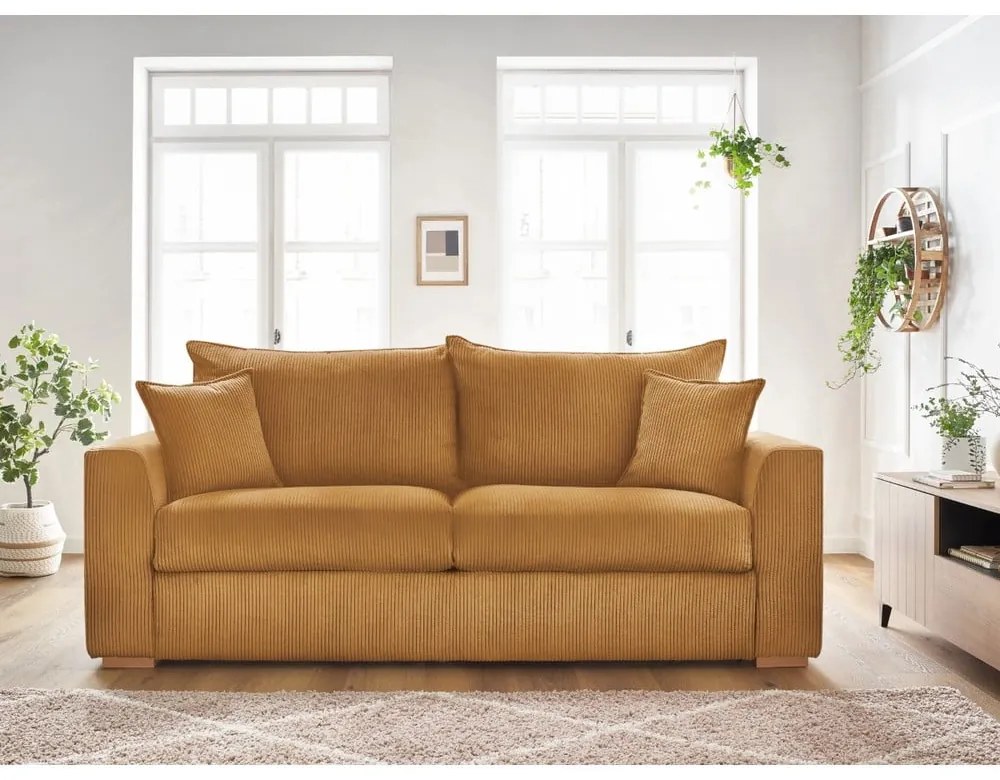 Musztardowa sztruksowa rozkładana sofa 225 cm Augustin – Bobochic Paris