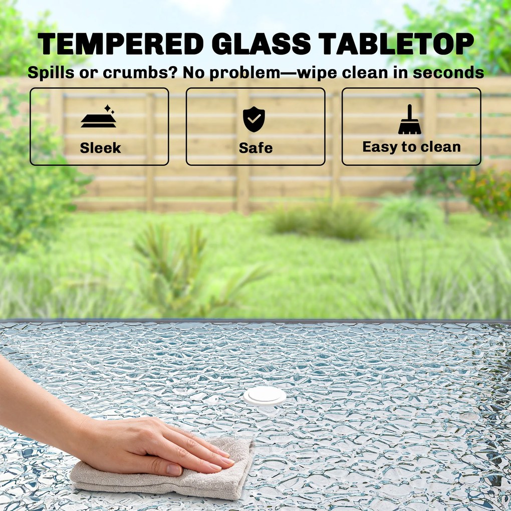 Outsunny Zestaw Mebli Ogrodowych 119 x 68 cm Stół ze Szkła z 6 Składanymi Krzesłami Parasol Wzór Wodny Szary | Aosom PL