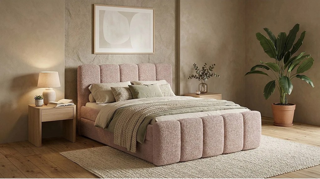 Stylowe łóżko tapicerowane KORA 200x200 cm w tkaninie CENTAUR 5 różowej