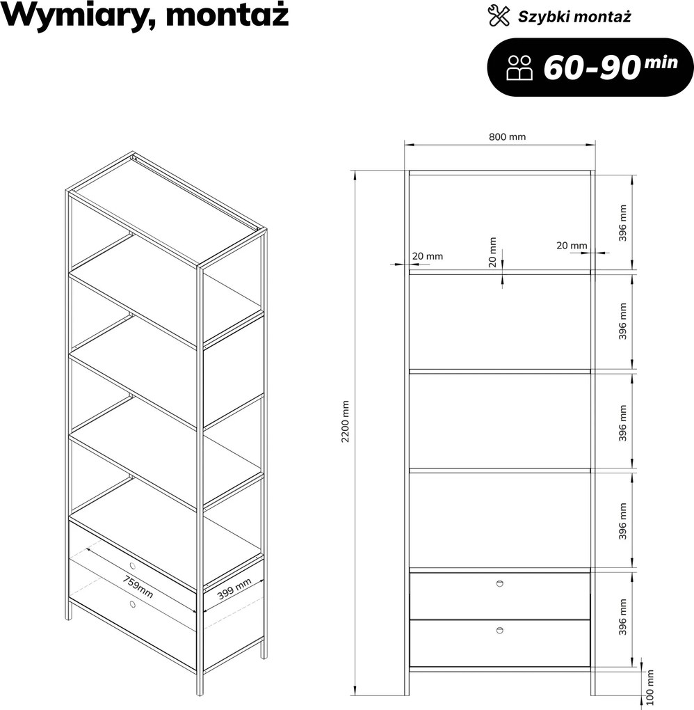 Regał z szufladami do biura, na segregatory i dokumenty, otwarte półki, metalowy, czarny, 800x2200x400 mm: ARIEL
