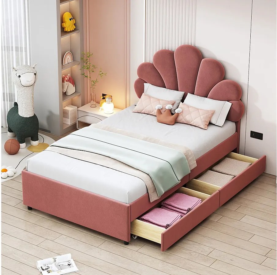 Łóżko dla dzieci 90x200 cm - aksamit różowy - z tapicerowanym zagłówkiem i stelażem z listew - 2 szuflady - bez materaca