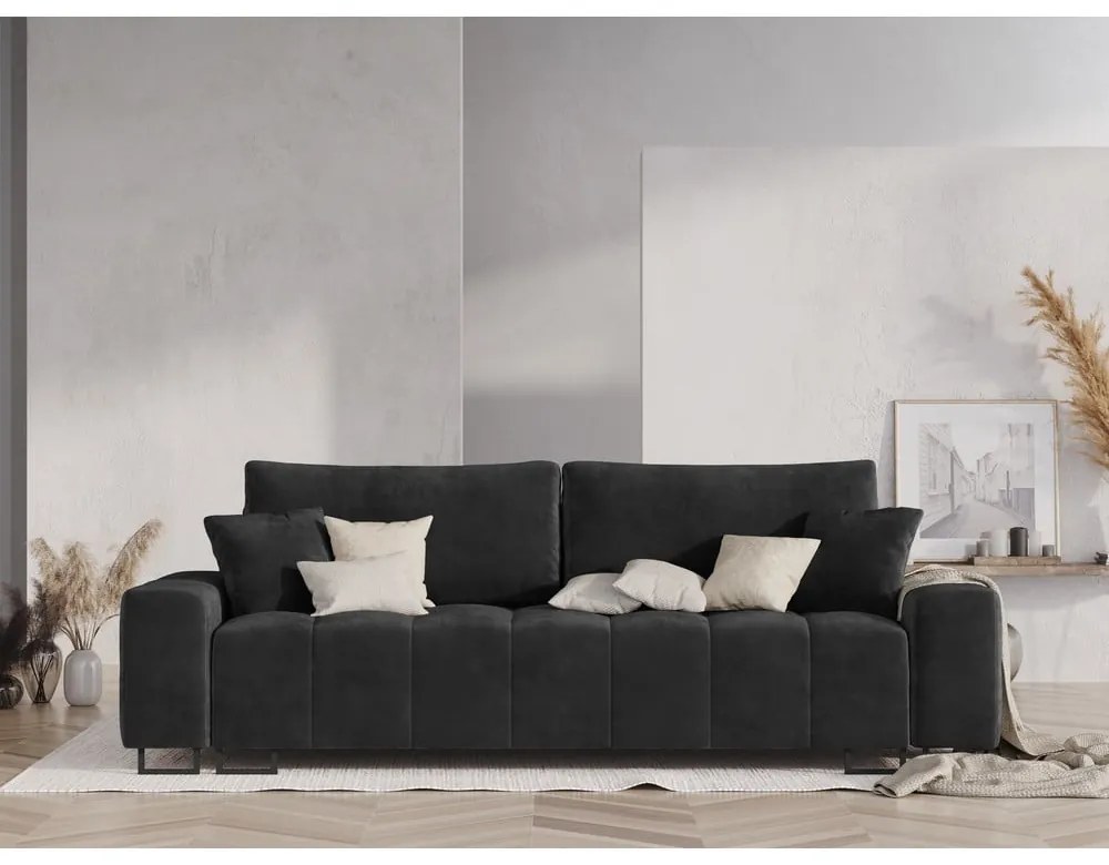 Ciemnoszara aksamitna rozkładana sofa ze schowkiem 250 cm Wicklow – Cosmopolitan Design