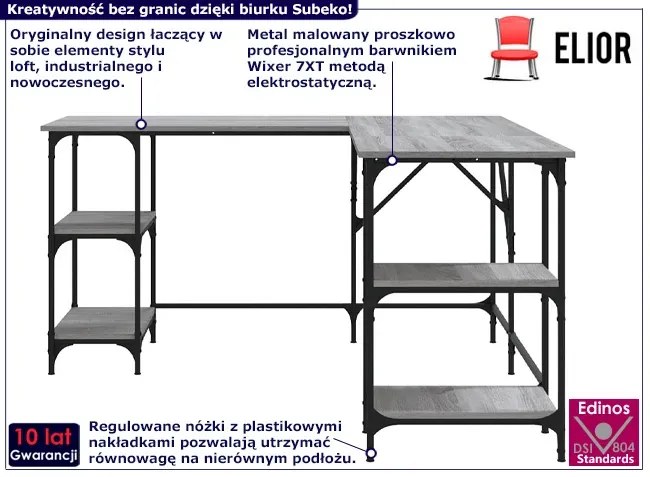 Biurko narożne gamingowe loft z półkami szary dąb - Scardif