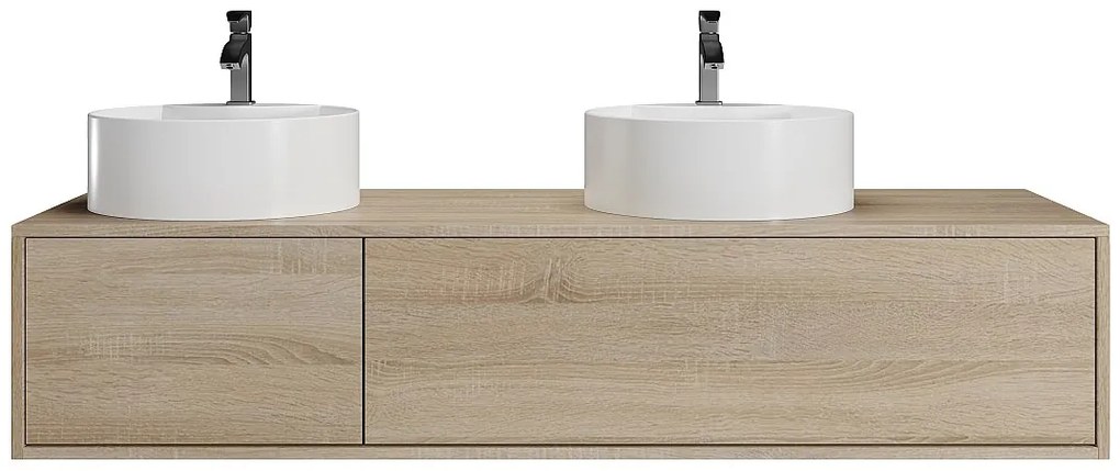 Wisząca szafka z podwójną umywalką do łazienki,  w jasnym, naturalnym kolorze  - L150 cm - ISAURE II