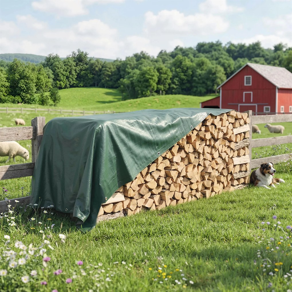 Outsunny Plandeka wodoodporna 4 x 6 m 90g/m² Wytrzymała UV-stabilna z wzmocnionymi oczkami Zielona | Aosom PL