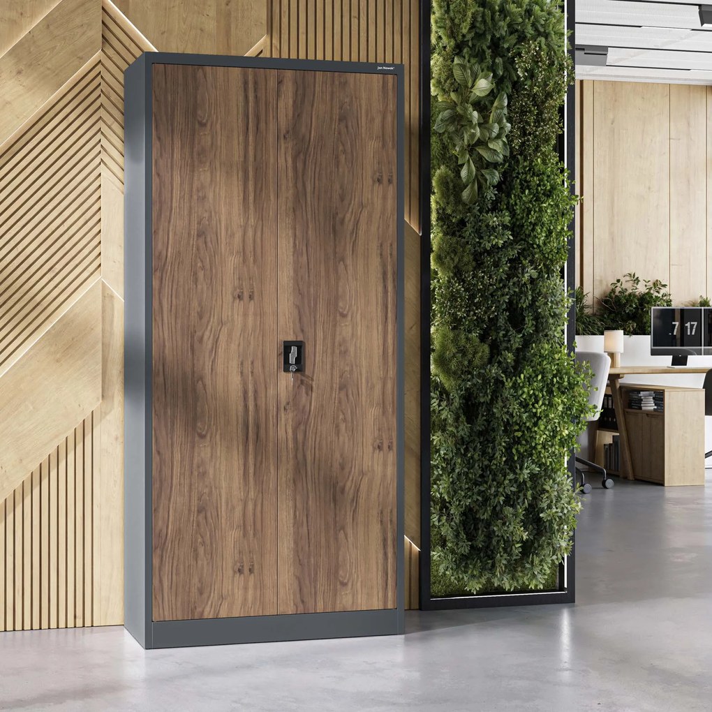 Szafa na dokumenty biurowa metalowa antracytowa/ orzech: Eco Design JAN H, 900 x 1950 x 400 mm