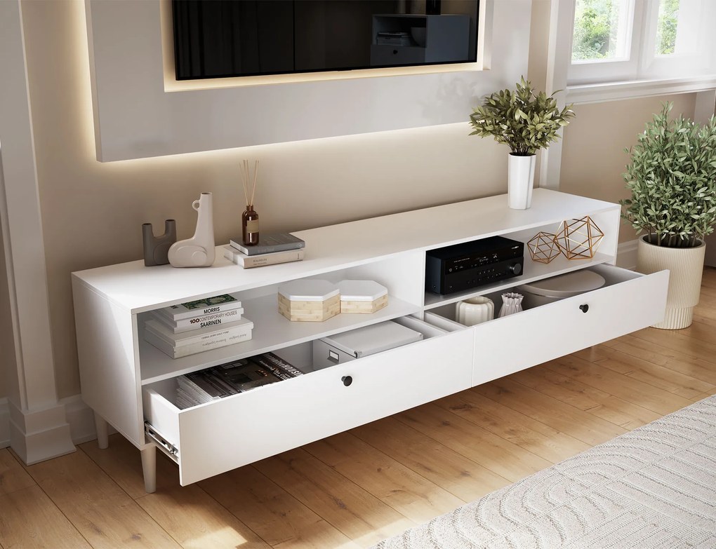 Szafka RTV z półką i szafkami DULLUM 200x58cm, biały