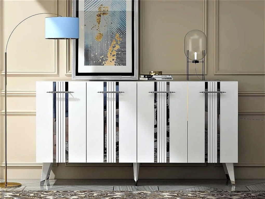 Komoda – 150 cm x 80 cm x 40 cm – Biało-srebrna – Melamina