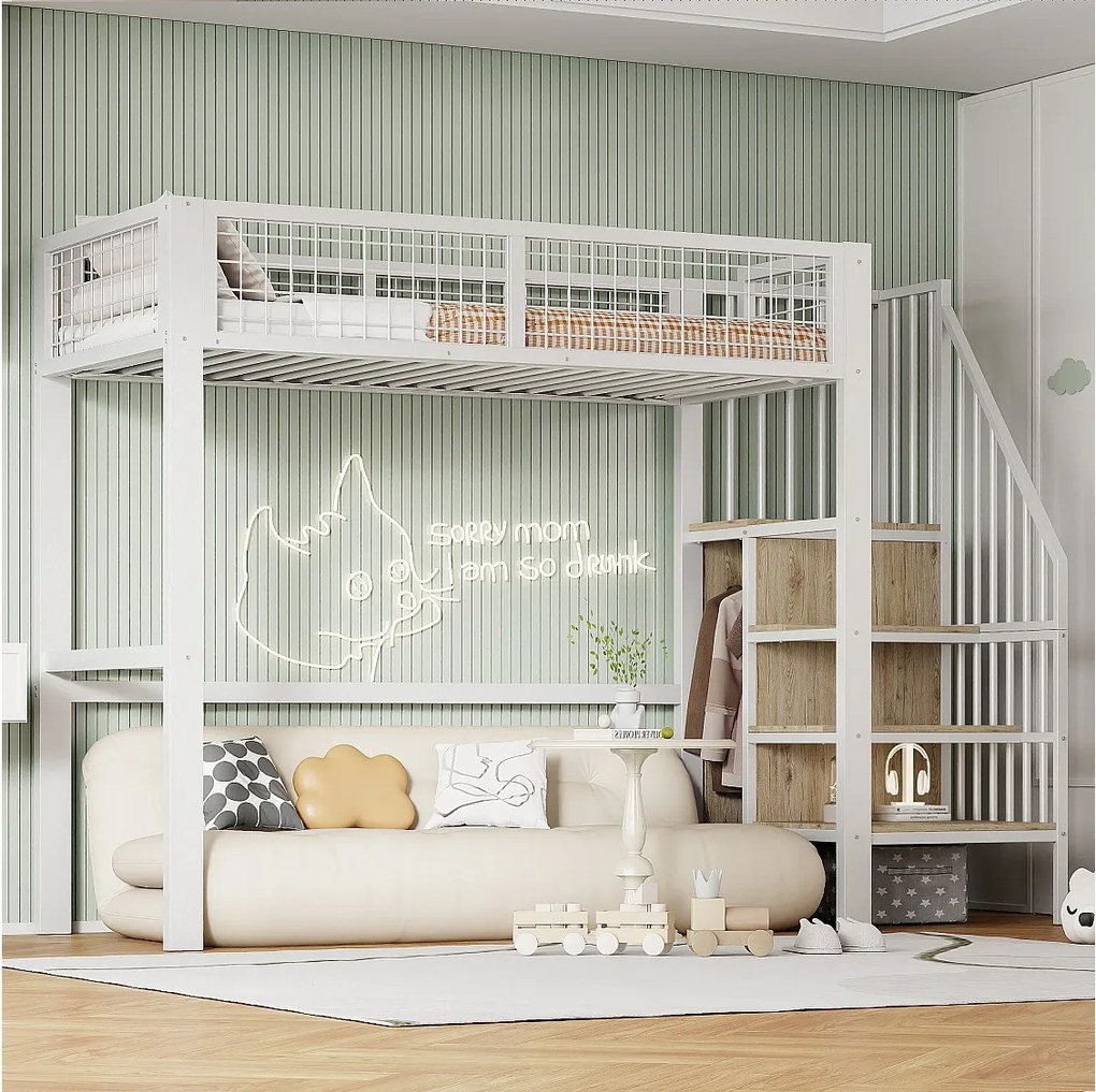 Łóżko piętrowe 90 x 200 cm – z półkami i stelażem – biały metal – materac nie jest wliczony w cenę