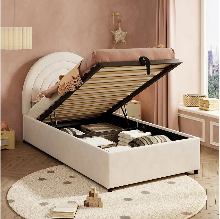 Łóżko z pojemnikiem 90 x 200 cm - Łóżko dziecięce z drewnianym stelażem i półokrągłym zagłówkiem - Beżowy aksamit