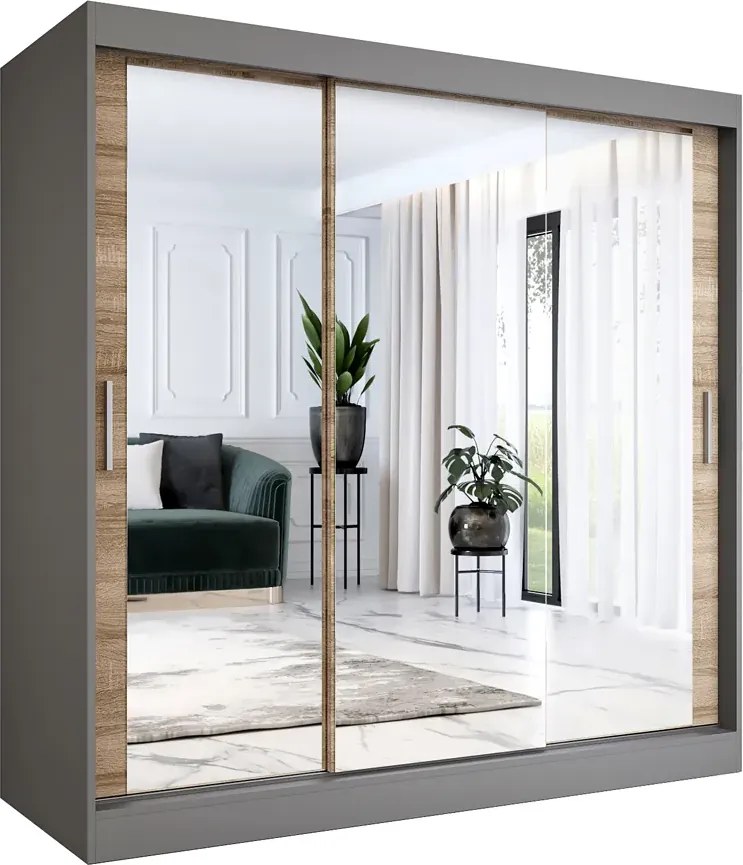 Szafa przesuwna z lustrem antracyt + dąb sonoma 200 cm G4-B04