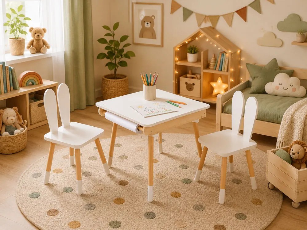Rosnący zestaw dziecięcy BUNNY, stolik i 2 krzesełka, biały/brązowy ELIS design