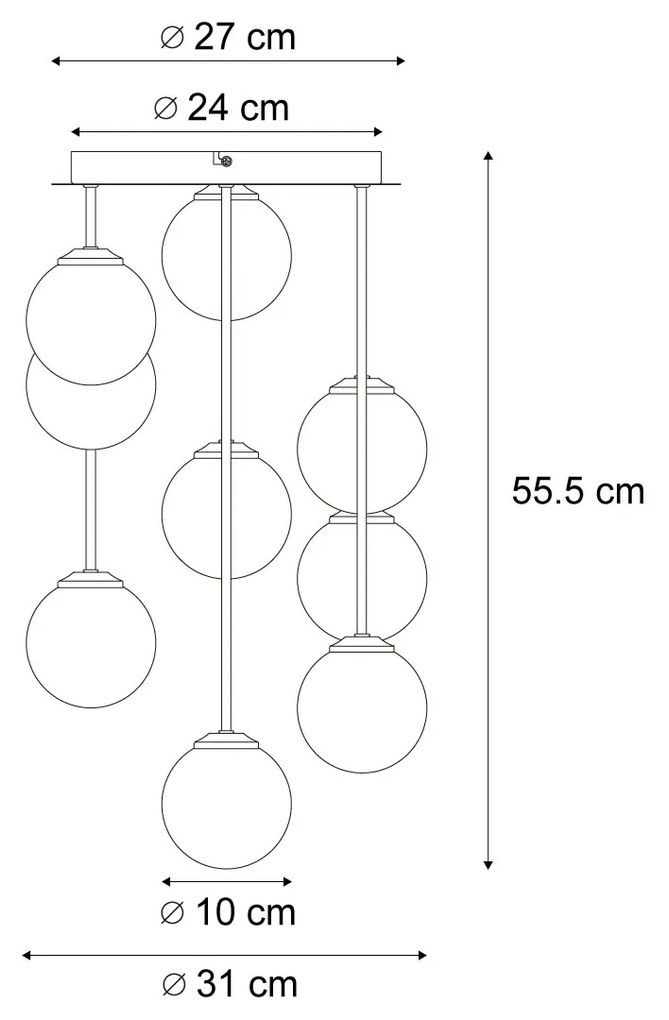 Nowoczesna lampa sufitowa czarna z bursztynowym i dymionym szkłem, 9 źródeł światła - Ateny