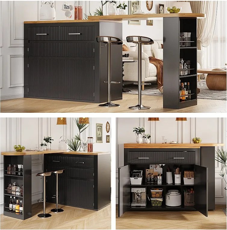 Rozkładany mobilny stół barowy - 137-215 x 39 x 102,3 cm - z 1 szufladą + 2 drzwiami - MDF - czarny