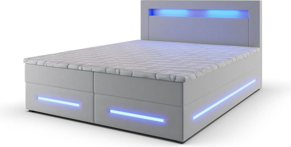 Masseno Łóżko kontynentalne MANU 180x200 cm LED z pojemnikiem na pościel - Biały, MADRYT 920