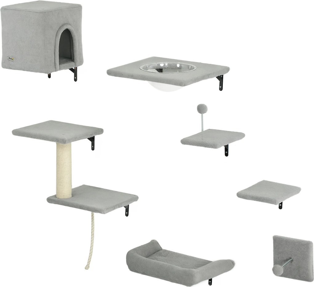 PawHut Ścianka Wspinaczkowa dla Kotów 7-częściowy Zestaw z Domkiem, Platformy, Szara
