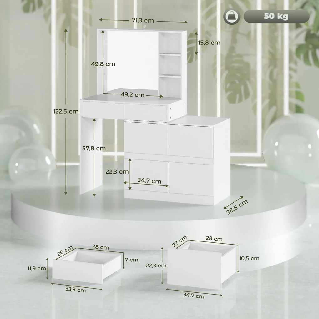 HOMCOM Toaletka, stolik do makijażu z dużym lustrem, 4 szuflady, 3 otwarte przegrody, 2 szafki, MDF, Biały