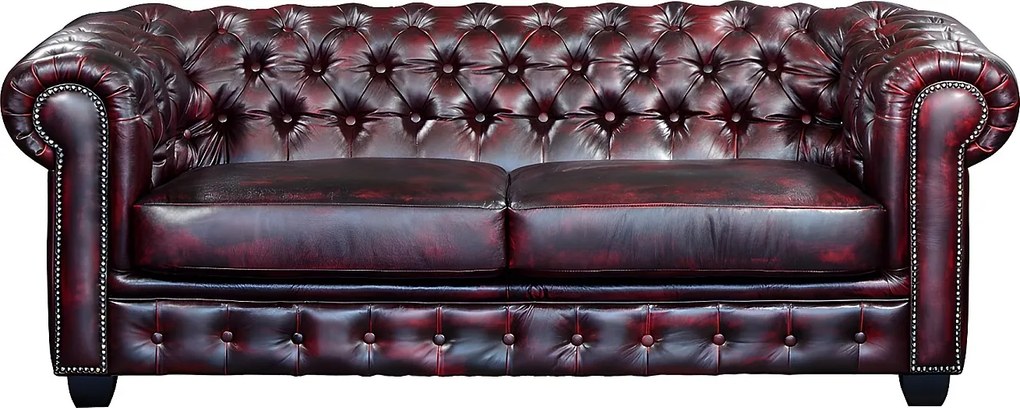 Kanapa 3-osobowa Chesterfield BRENTON 100% skóry bawolej - Kolor: cherry